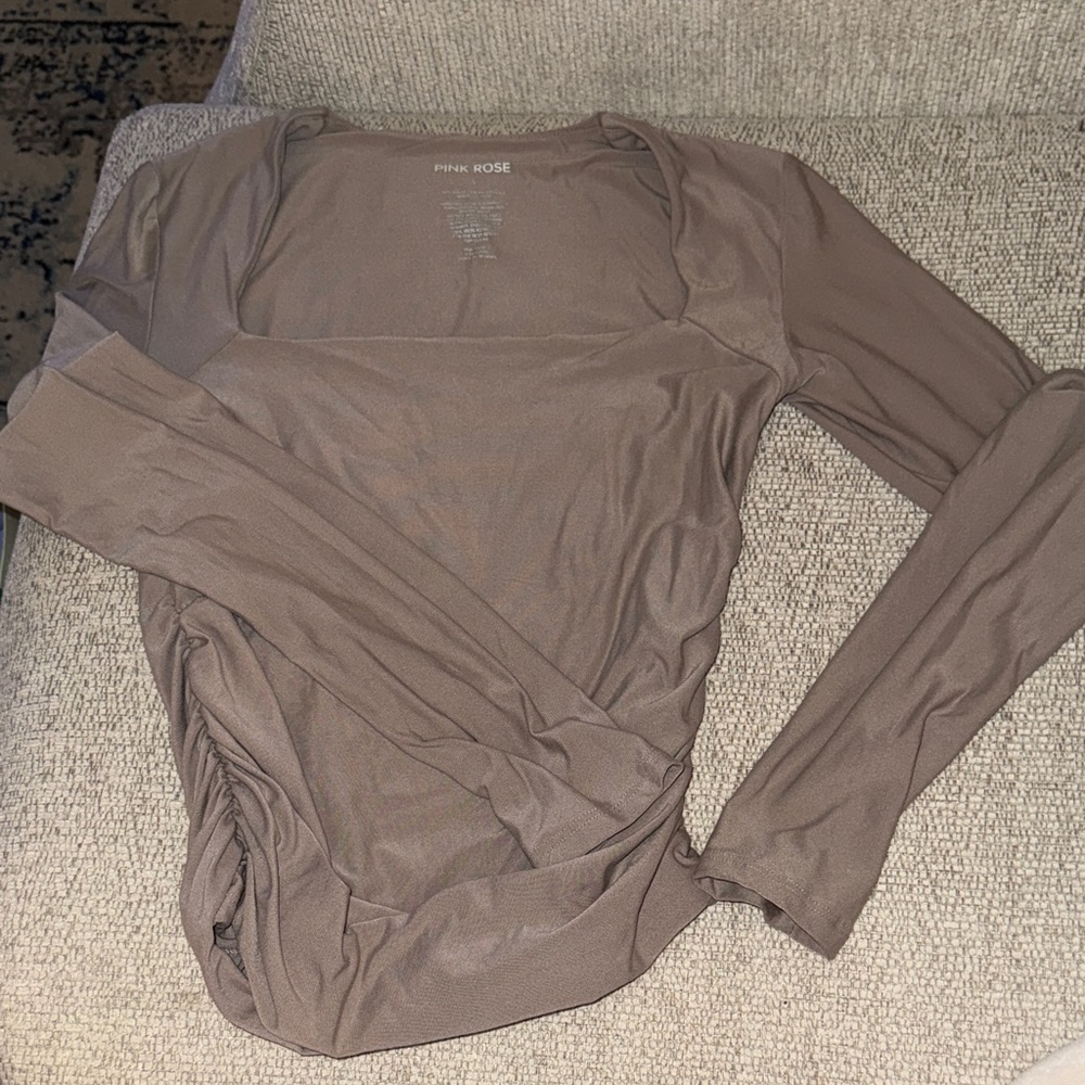Pink Rose Long Sleeve Square Neck Top — Taupe
